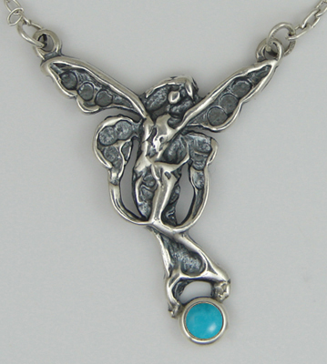 Sterling Silver Victorian Winged Fairy Necklace With Turquoise